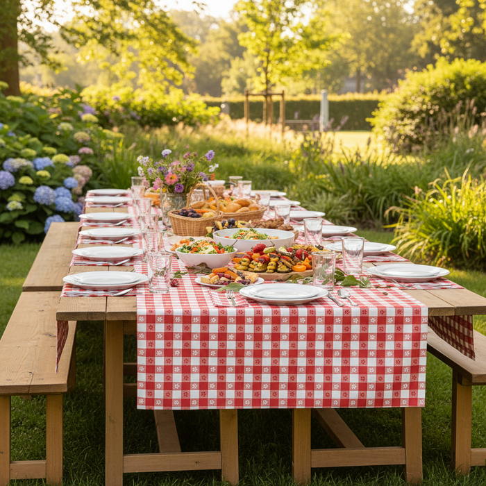 Red Gingham Table Roll on Long Outdoor Tables