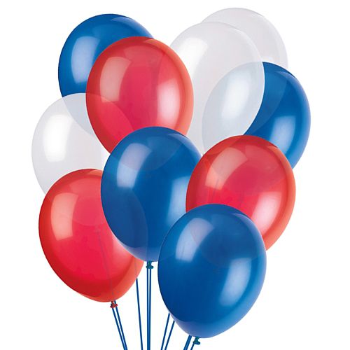 A bunch of inflated latex balloons in red, white, and blue colors.