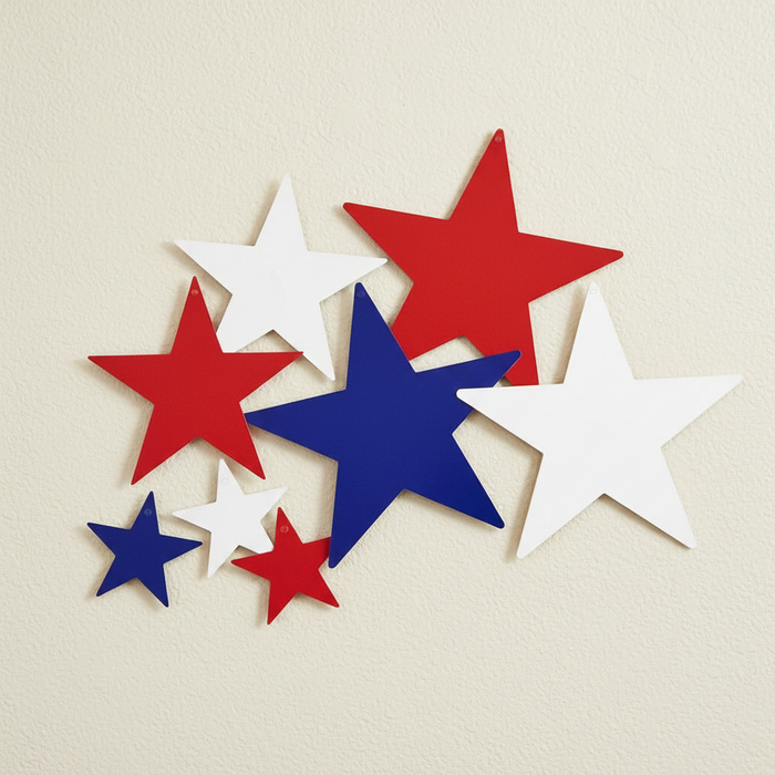 9 Red White Blue Cardboard Stars on Wall
