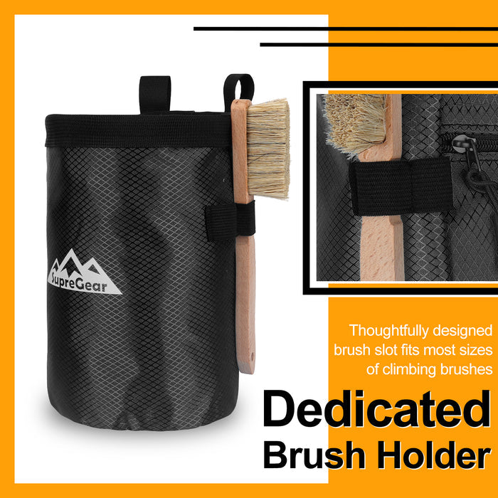 Rock Climbing Chalk Bag with Zipper Pocket, Brush Holder & Strap