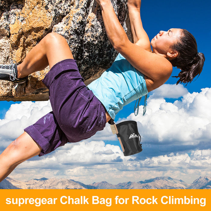 Rock Climbing Chalk Bag with Zipper Pocket, Brush Holder & Strap