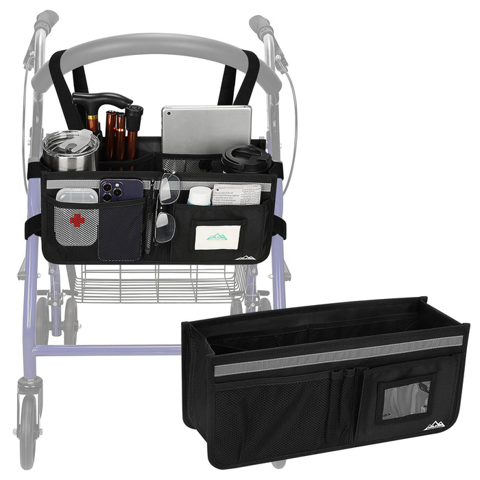 Rollator Walker Basket Organizer with Multiple Pockets & Cup Holder Storage Bag