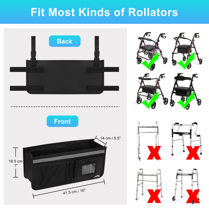 Rollator Walker Basket Organizer with Multiple Pockets & Cup Holder Storage Bag