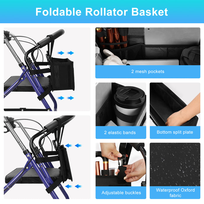 Rollator Walker Basket Organizer with Multiple Pockets & Cup Holder Storage Bag