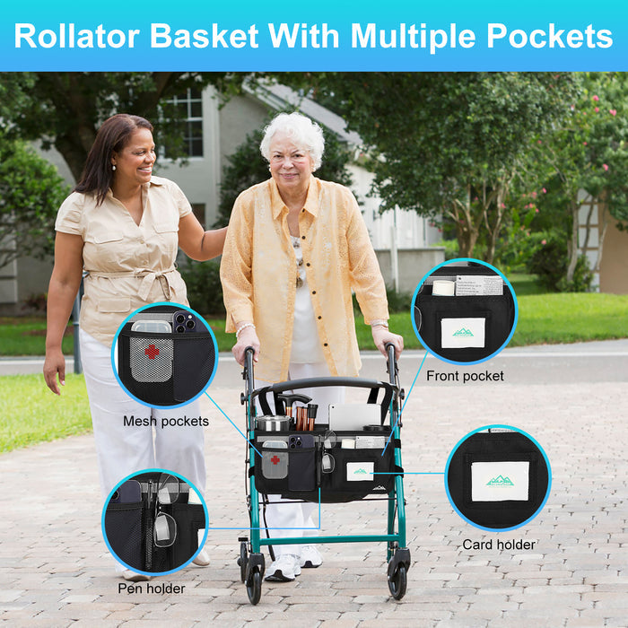 Rollator Walker Basket Organizer with Multiple Pockets & Cup Holder Storage Bag