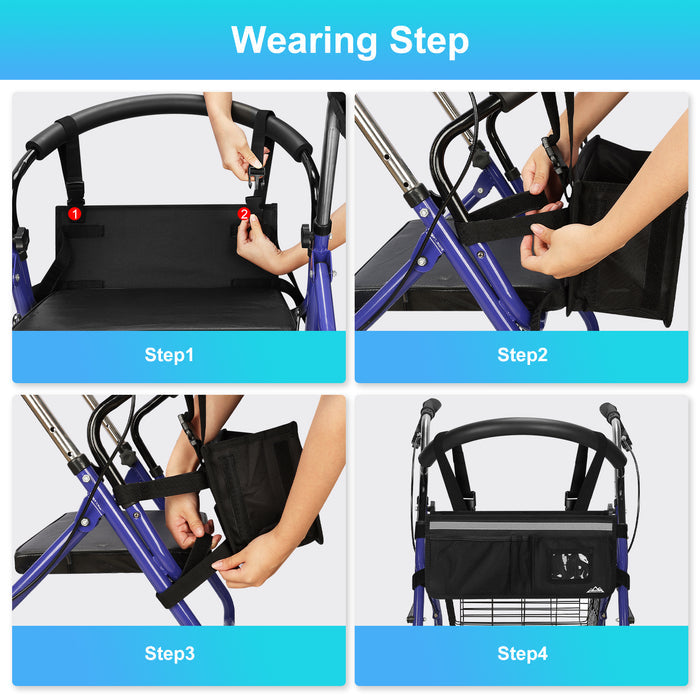 Rollator Walker Basket Organizer with Multiple Pockets & Cup Holder Storage Bag