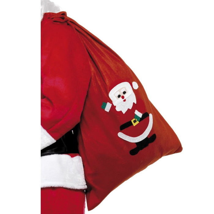 A red Santa sack with a Santa Claus graphic on the side, used for costume accessory purposes.