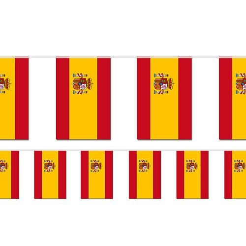 A string of rectangular bunting flags featuring the Spanish flag design in red and yellow with a coat of arms.