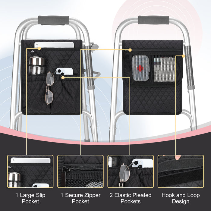Universal Walker Bag Organizer with Multiple Pockets, Wheelchair Storage Bag for Seniors, Rollators and Mobility Aids