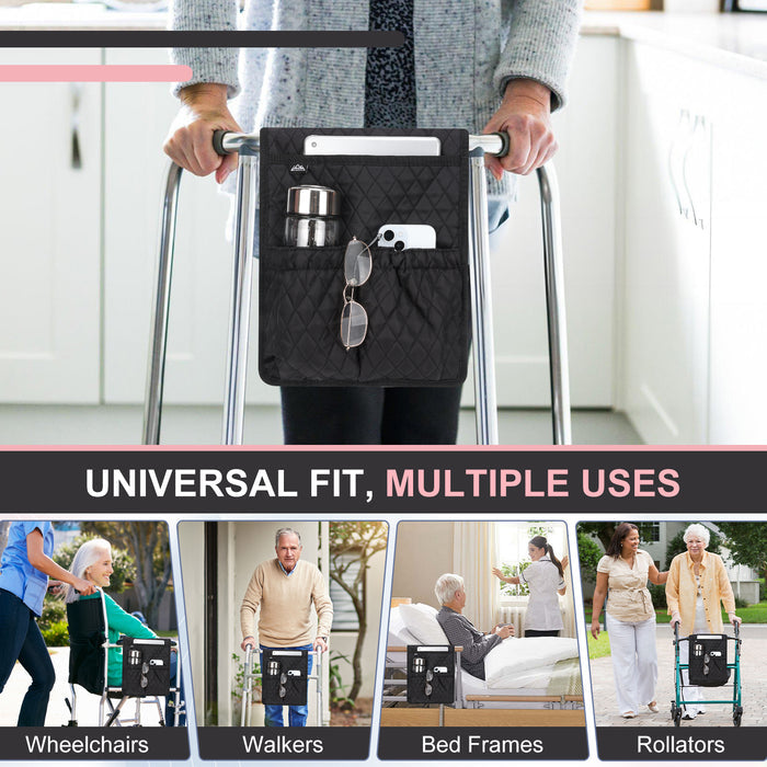 Universal Walker Bag Organizer with Multiple Pockets, Wheelchair Storage Bag for Seniors, Rollators and Mobility Aids
