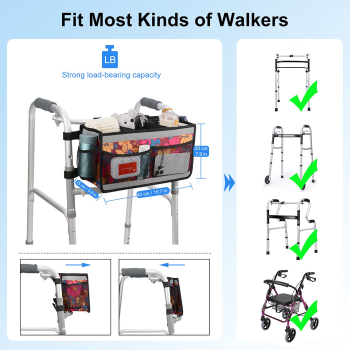 Walker Bag Organizer with Pockets Waterproof Storage Basket for Walkers