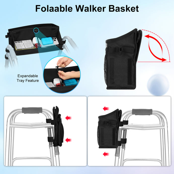 Walker Basket with Foldable Tray Organizer Bag for Walker Storage Accessories