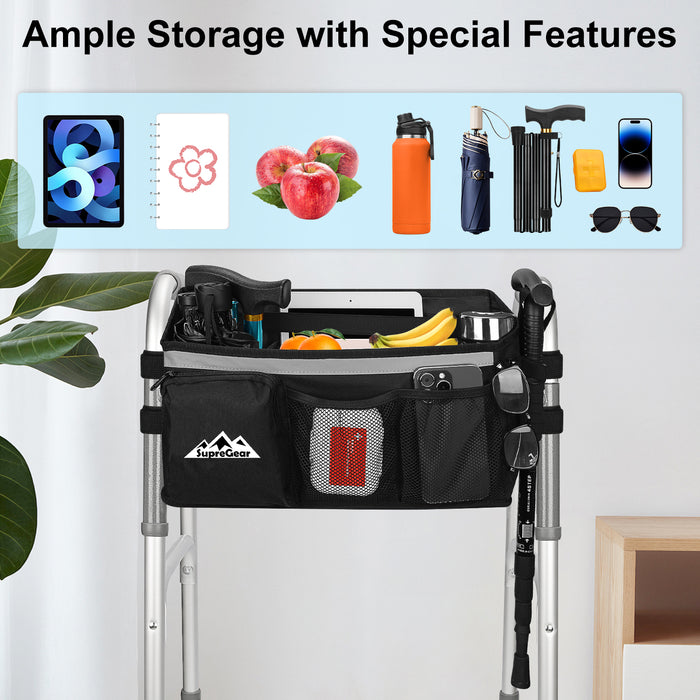 Walker Basket with Foldable Tray Organizer Bag for Walker Storage Accessories
