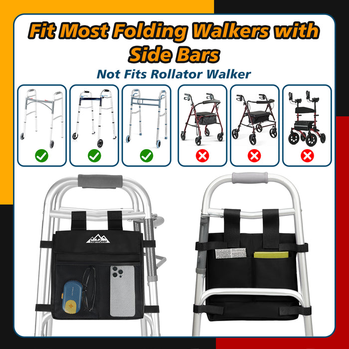 Water-Resistant Walker Bag Organizer Side Pouch Universal Fit for Folding Walkers